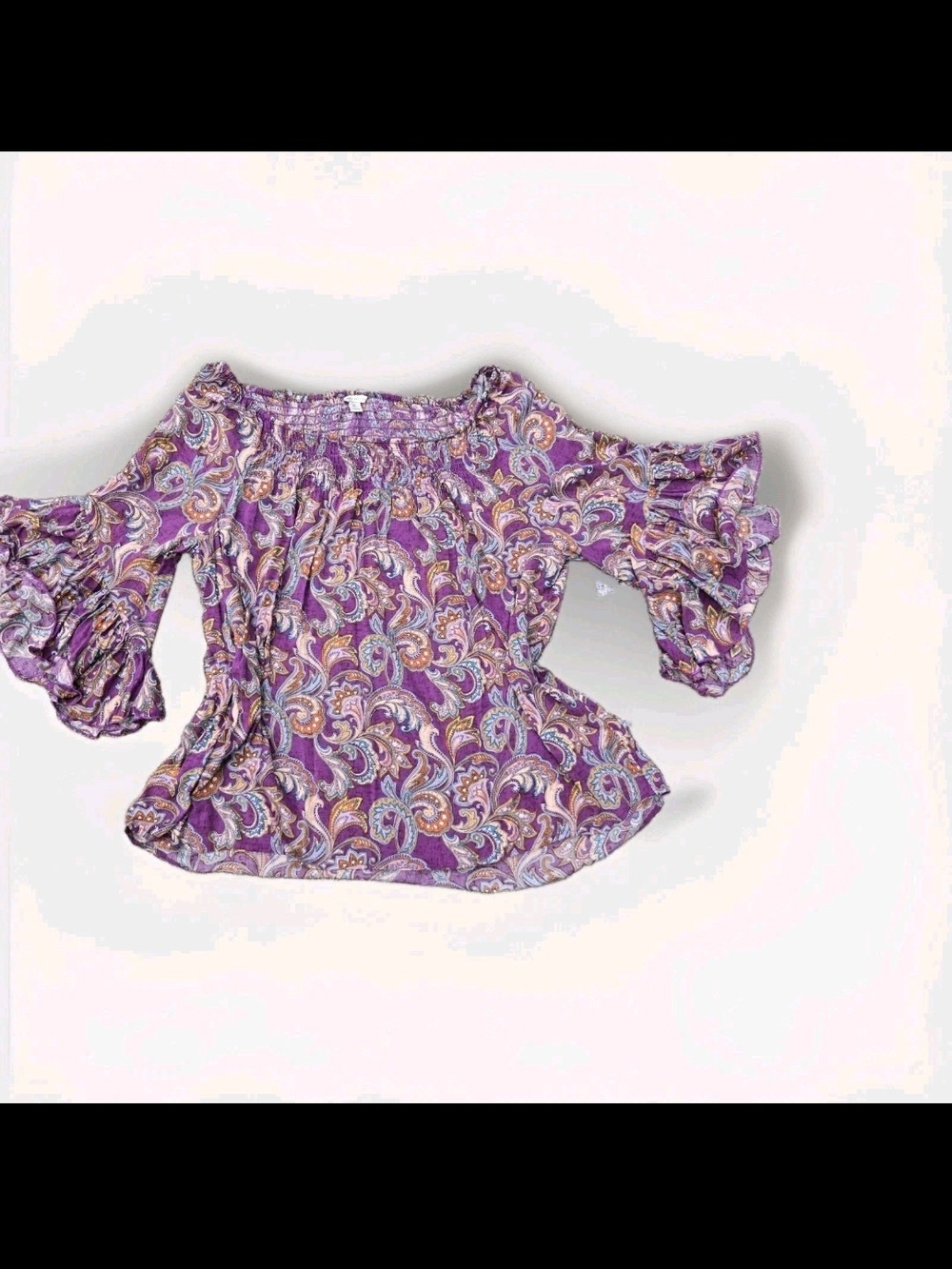 Cato Purple Paisley Off-Shoulder Bell-Sleeve Blouse